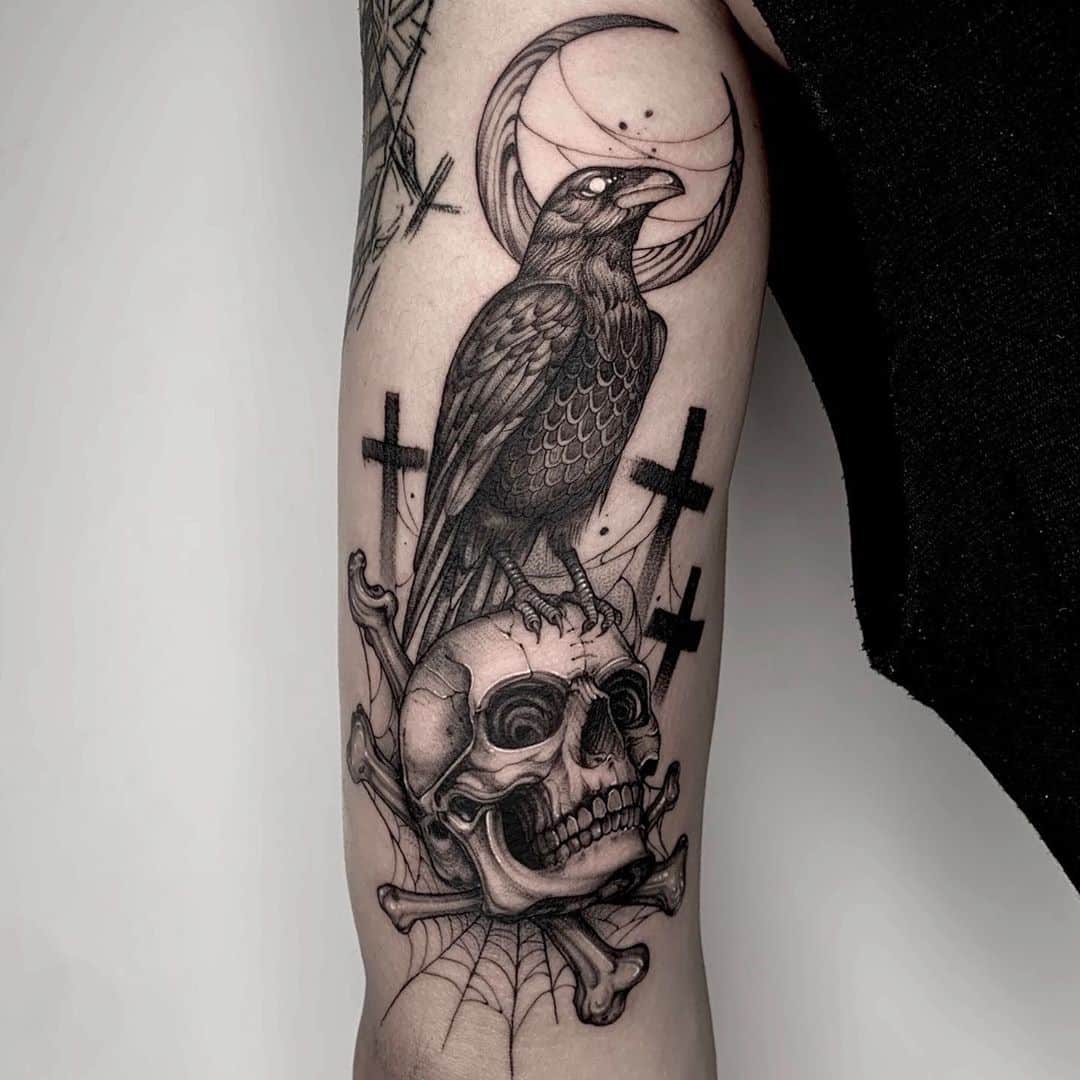 beautiful-crow-with-feather-tattoo-on-right-front-shoulder | hecatedemeter