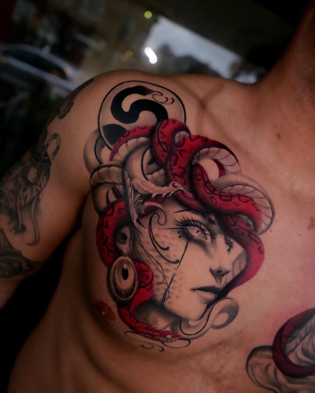 Colorful Medusa Done on Guys Chest