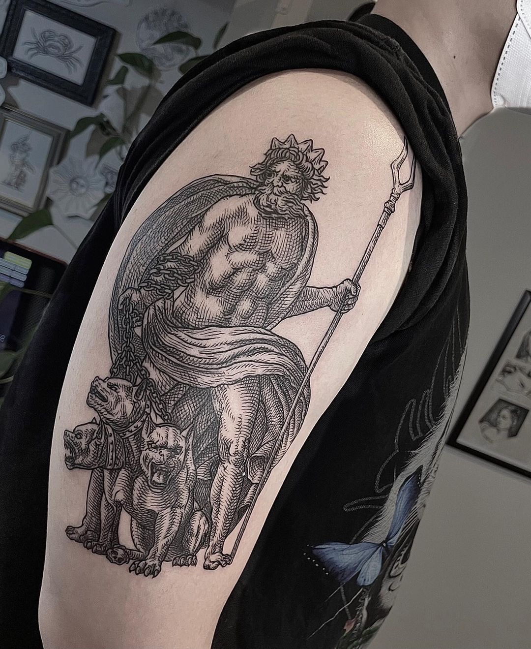 Full sleeve of Medusa Hercules  Cerberus in black and grey realism