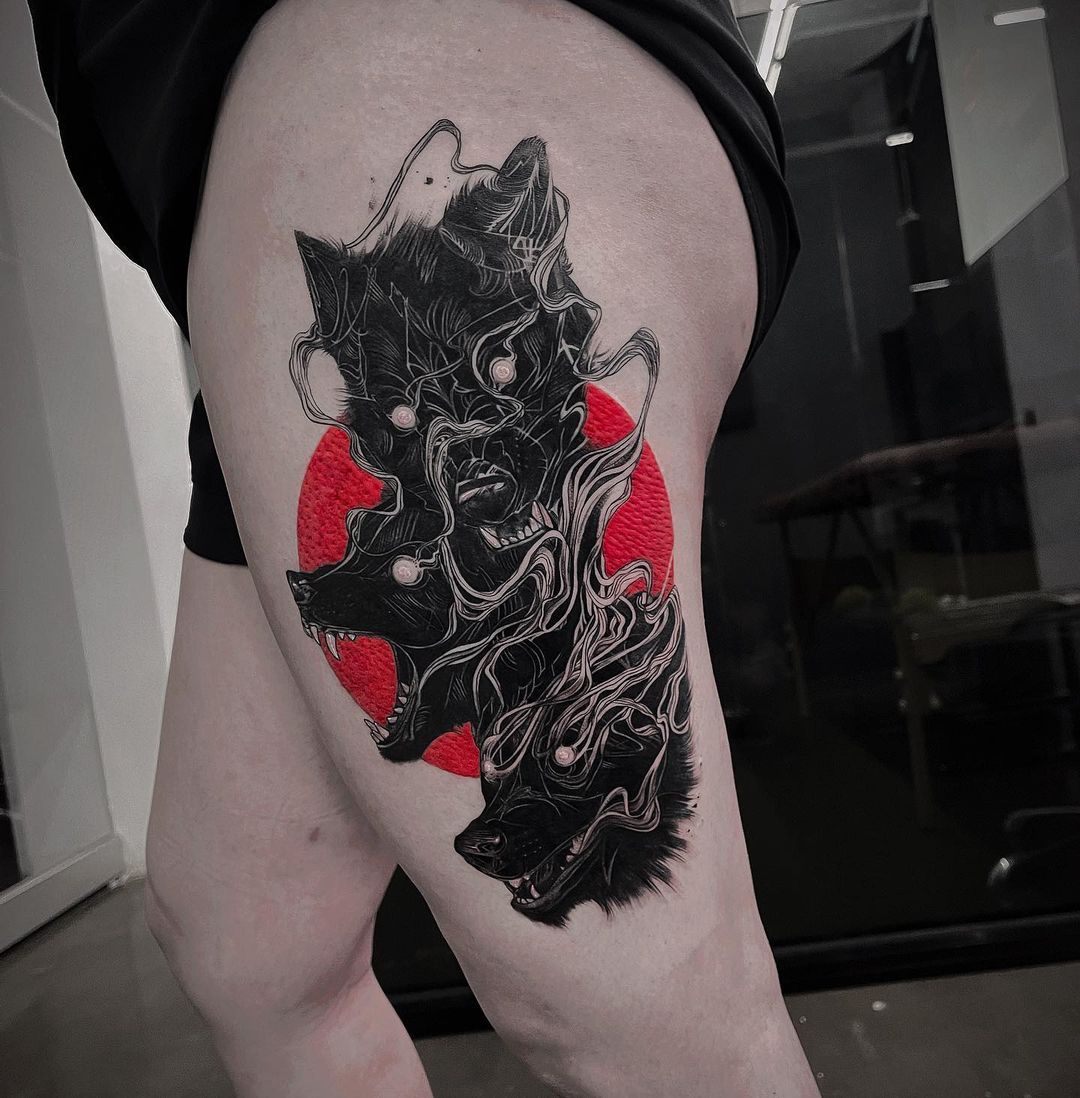 matthiasbarkat cerberus in a black and white tattoo style