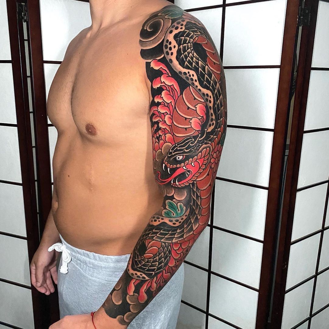 japanese snake tattoo arm sleeve leo lauro