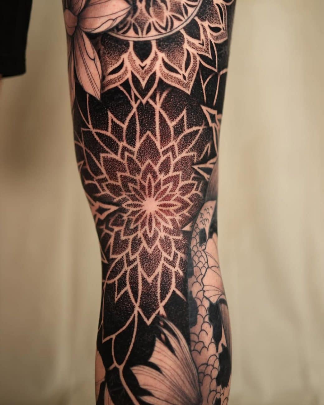 dotwork geometric leg sleeve tattoo laure conzales