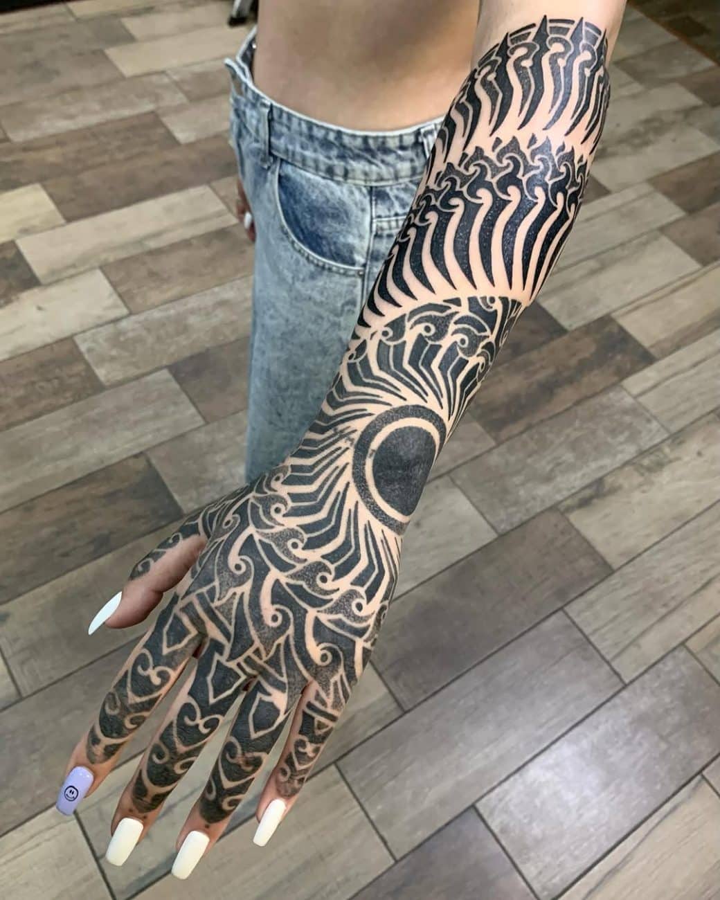 dotwork tattoo sacred geometry arm sleeve hand juan sisu
