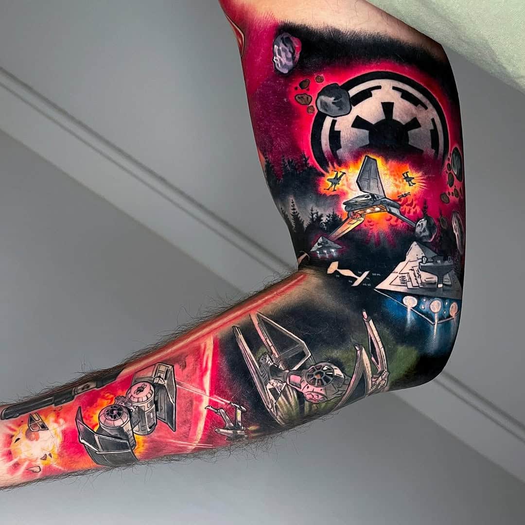 star wars arm sleeve comic style bb tattoo